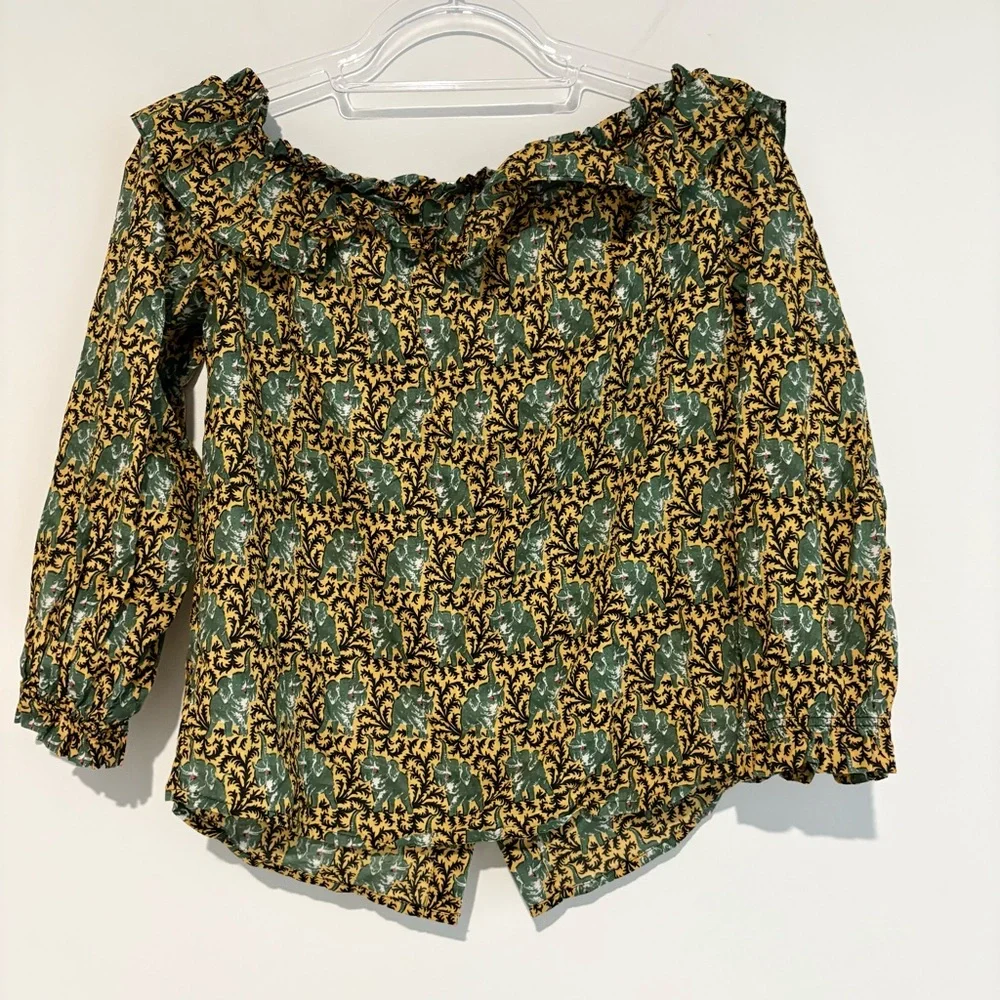 J Crew Ratti Elephant Print Off-the-Shoulder Ruffle Top Gold Green‎ Size 4
